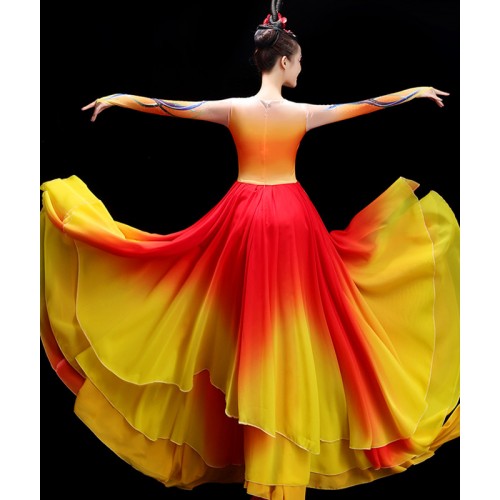 Women red with yellow gradient Chinese Folk Dance Dresses Paso Double Spanish Bull Dance Skirt Paso Double Dance Costumes for Female